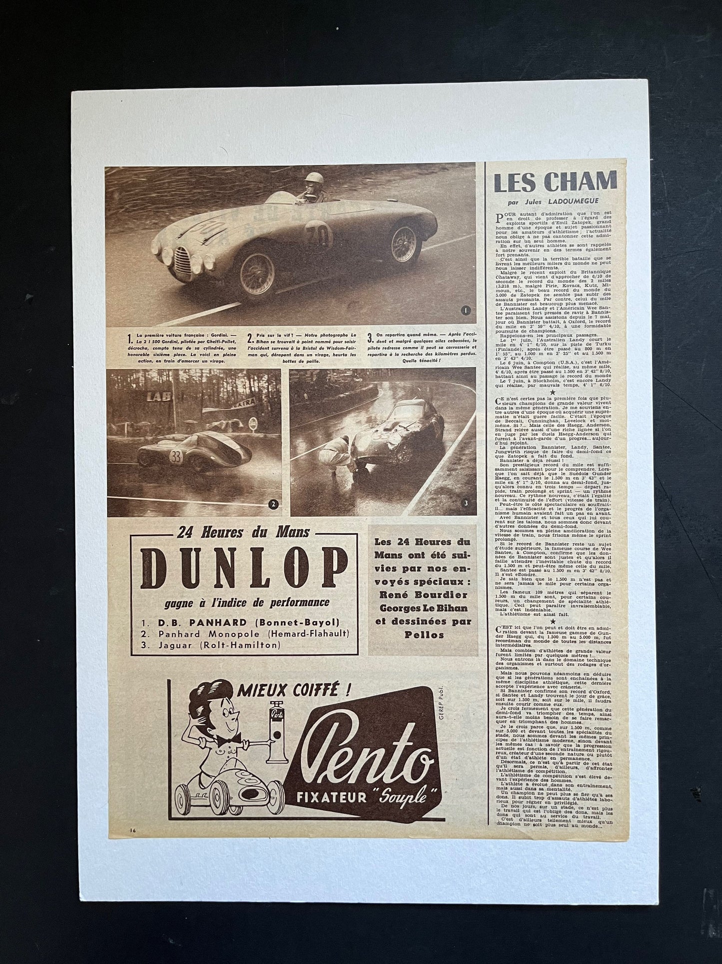 Vintage Magazine Print (French) - Jaguar D Type/Lotus, Le Mans 24h, Original 1955