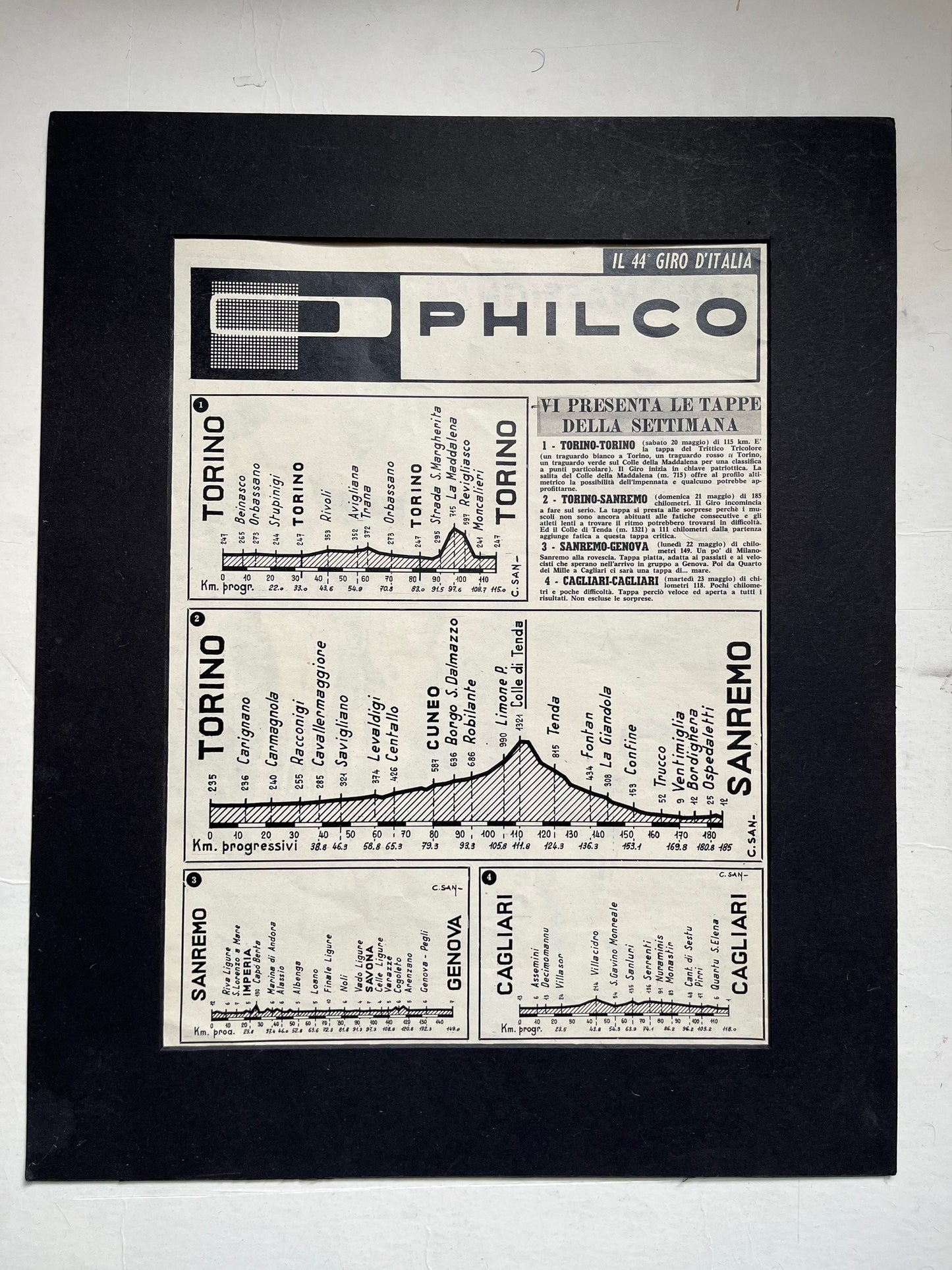 Vintage Cycling Print - Giro d’Italia Stages Map, Turin San Remo, Cagliari, 1961