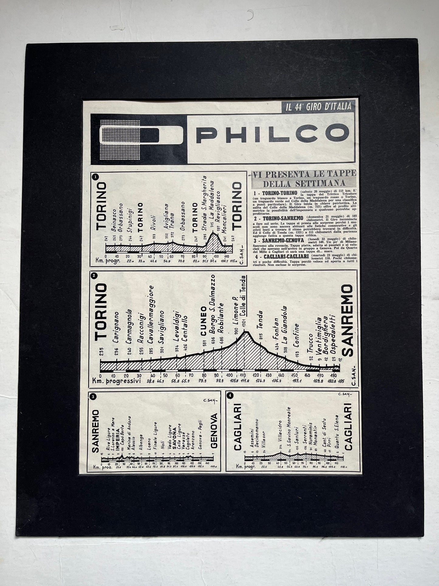 Vintage Cycling Print - Giro d’Italia Stages Map, Turin San Remo, Cagliari, 1961