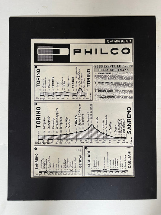 Vintage Cycling Print - Giro d’Italia Stages Map, Turin San Remo, Cagliari, 1961