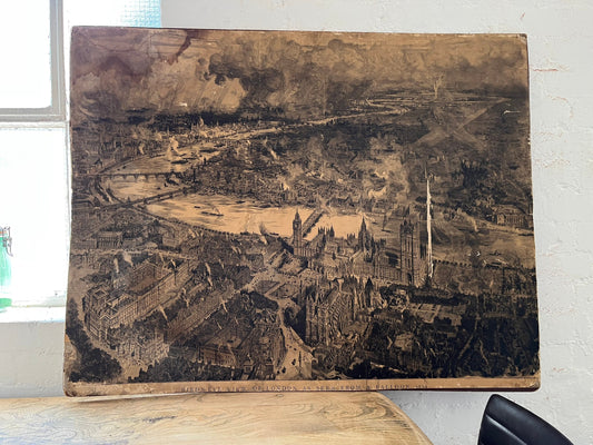 Vintage Victorian Monochrome Print - Exceptionally Rare Hand Drawn Print - Aerial View of London', Signed by Artist, H. Brewer 1884