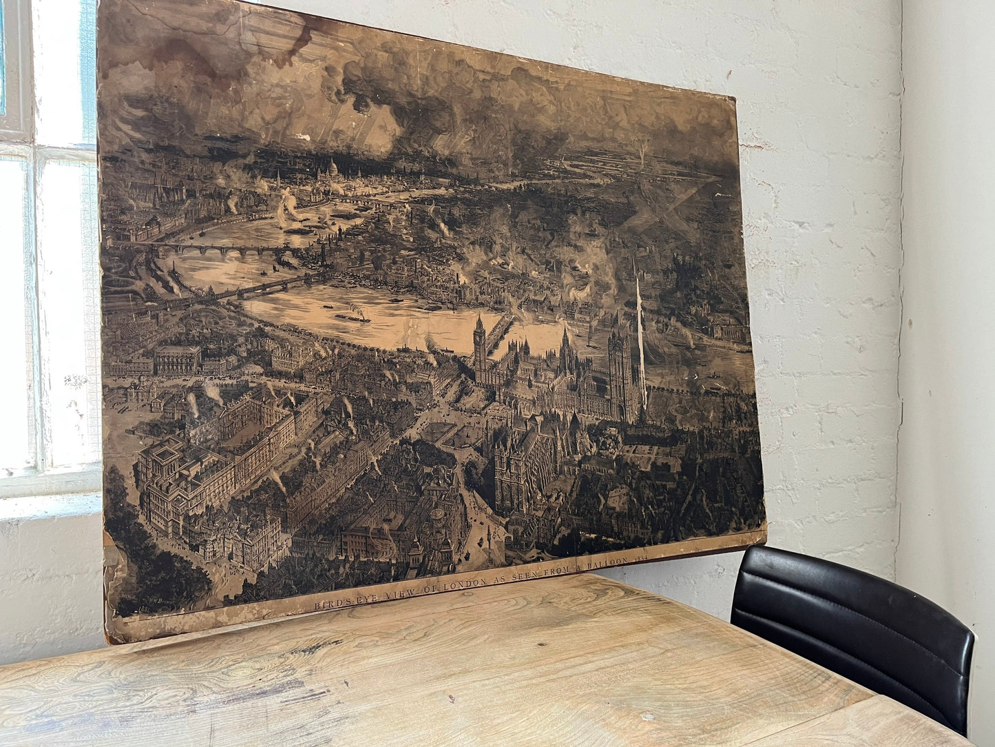 Vintage Victorian Monochrome Print - Exceptionally Rare Hand Drawn Print - Aerial View of London', Signed by Artist, H. Brewer 1884