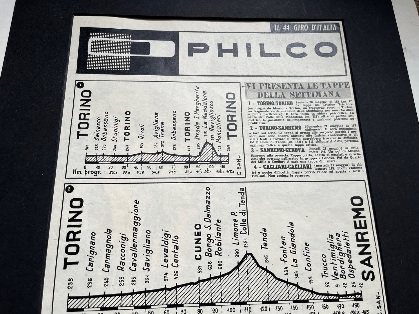 Vintage Cycling Print - Giro d’Italia Stages Map, Turin San Remo, Cagliari, 1961