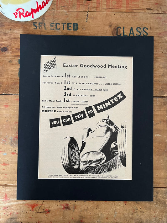 Vintage Mintex motorsport advertisement print 1955 - Goodwood Les Leston
