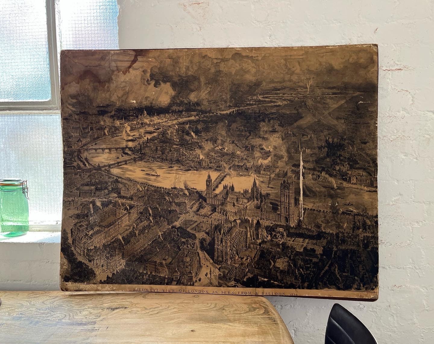 Vintage Victorian Monochrome Print - Exceptionally Rare Hand Drawn Print - Aerial View of London', Signed by Artist, H. Brewer 1884