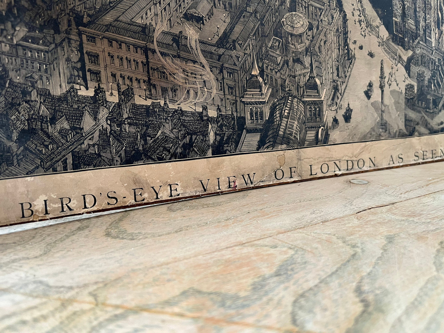 Vintage Victorian Monochrome Print - Exceptionally Rare Hand Drawn Print - Aerial View of London', Signed by Artist, H. Brewer 1884