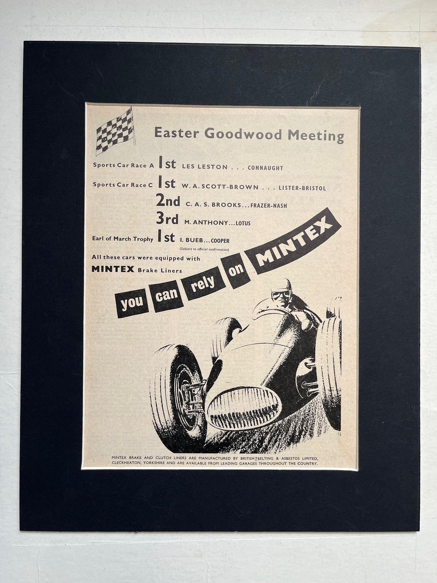 Vintage Mintex motorsport advertisement print 1955 - Goodwood Les Leston