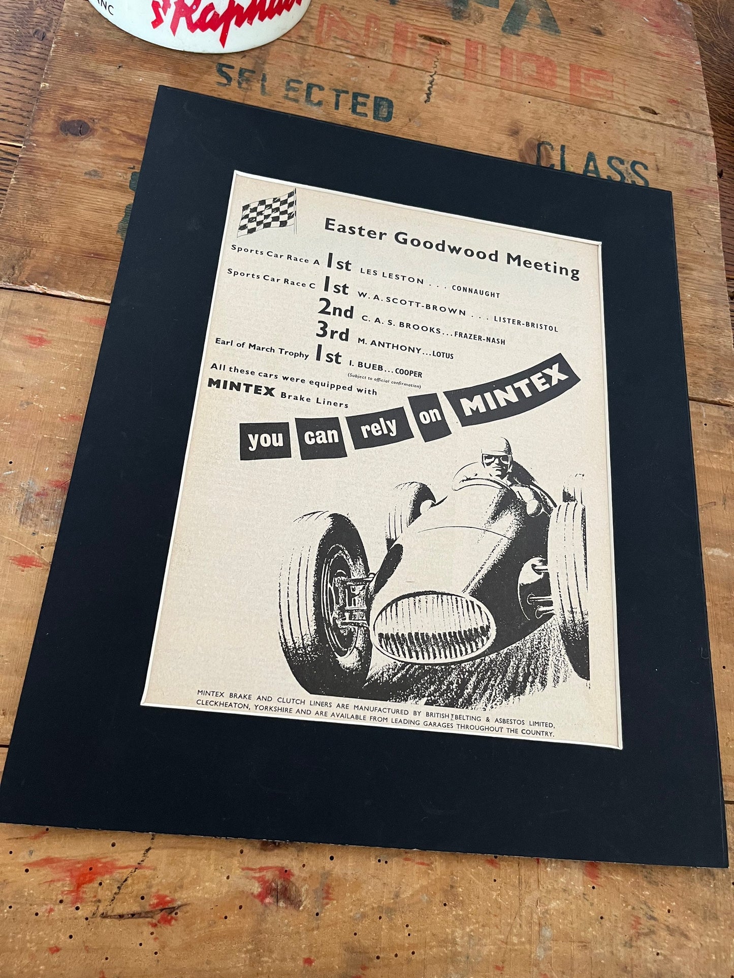 Vintage Mintex motorsport advertisement print 1955 - Goodwood Les Leston