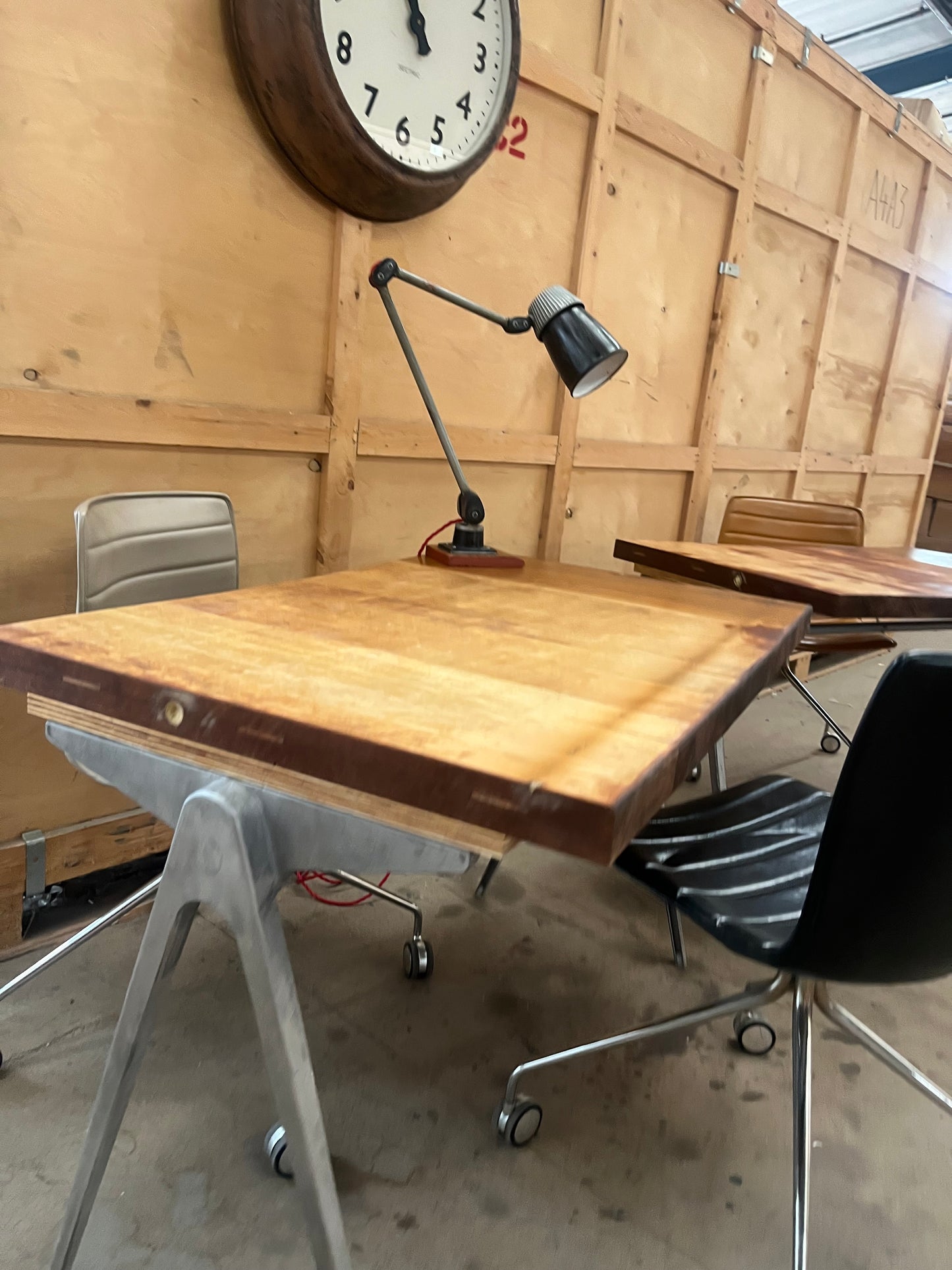 1950s James Leonard compass leg Desk with reclaimed oak top
