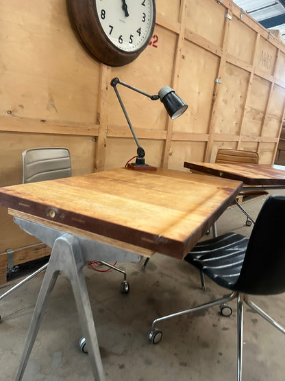 1950s James Leonard compass leg Desk with reclaimed oak top