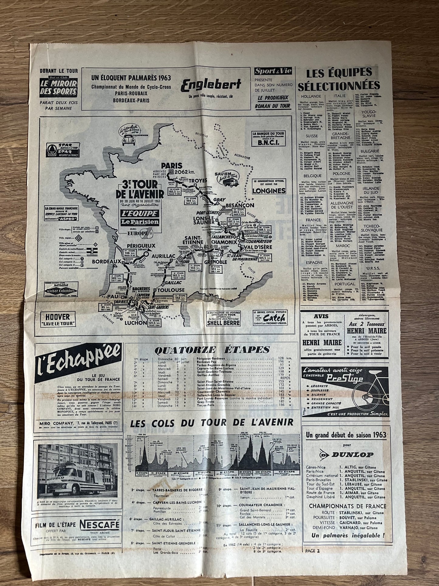 Tour de L’Avenir Perrier vintage route map 1963