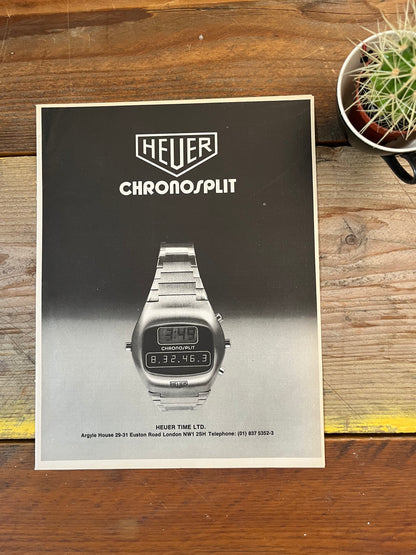 Vintage 1973 Tag Heuer Chronosplit watch advertisement
