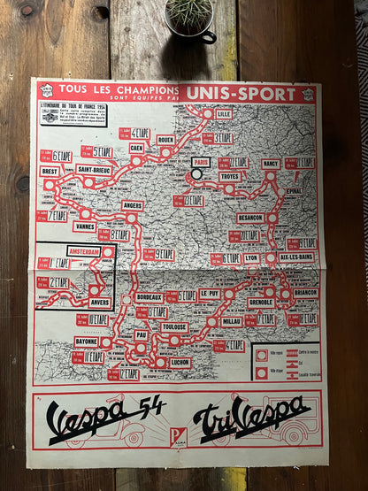 1954 Vintage Tour De France Vespa Stage map
