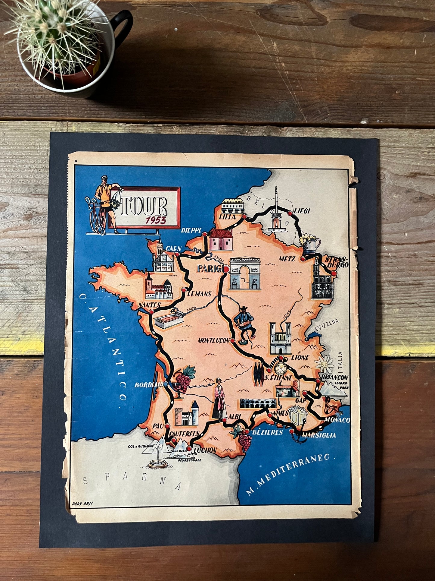 Vintage Original Tour de France Route Map, 1953
