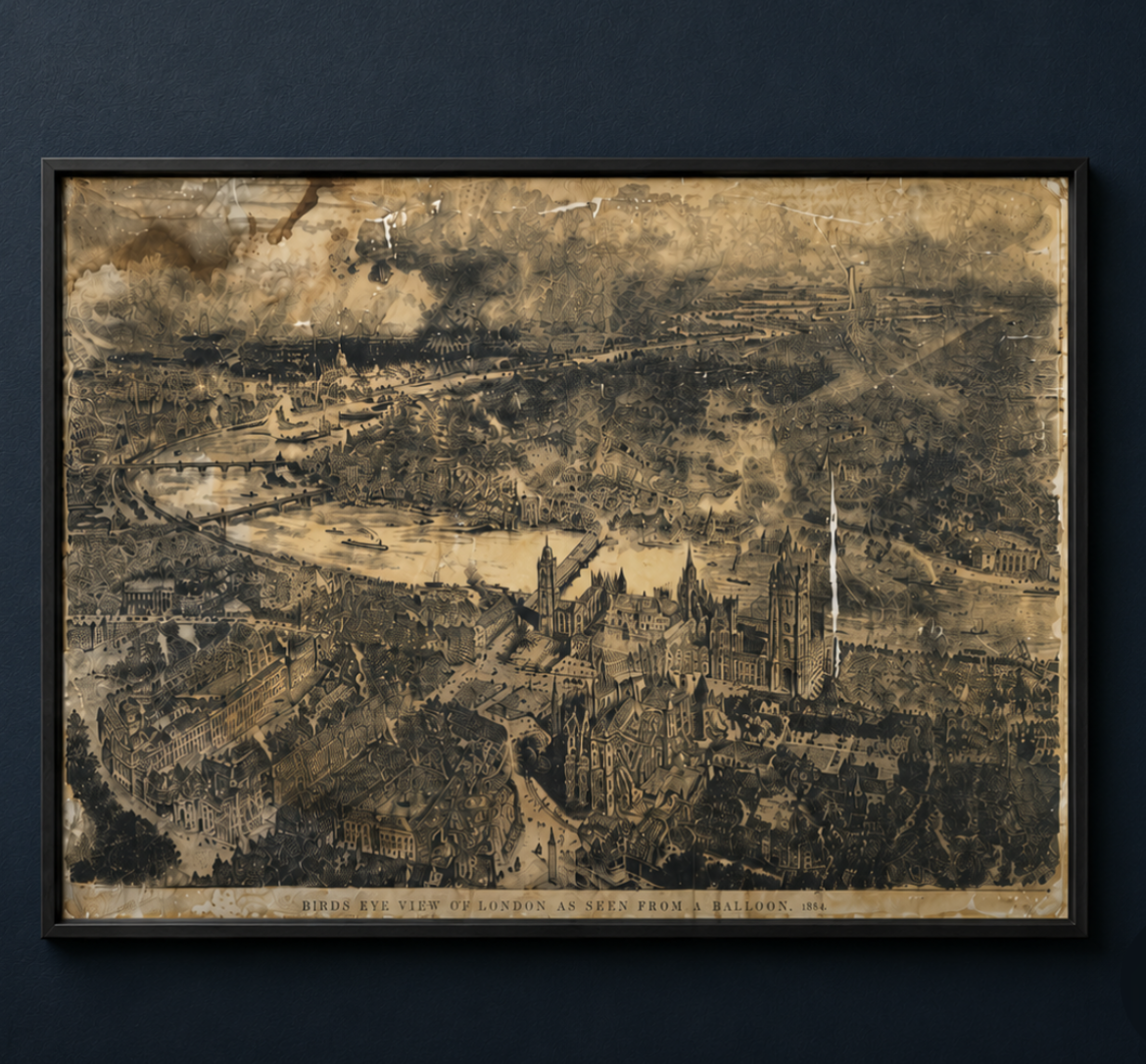 Victorian Monochrome Print - Bird’s eye view of London', H. Brewer 1884