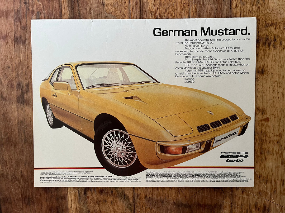 Vintage Porsche 924 Turbo “German mustard” advertising print 1978