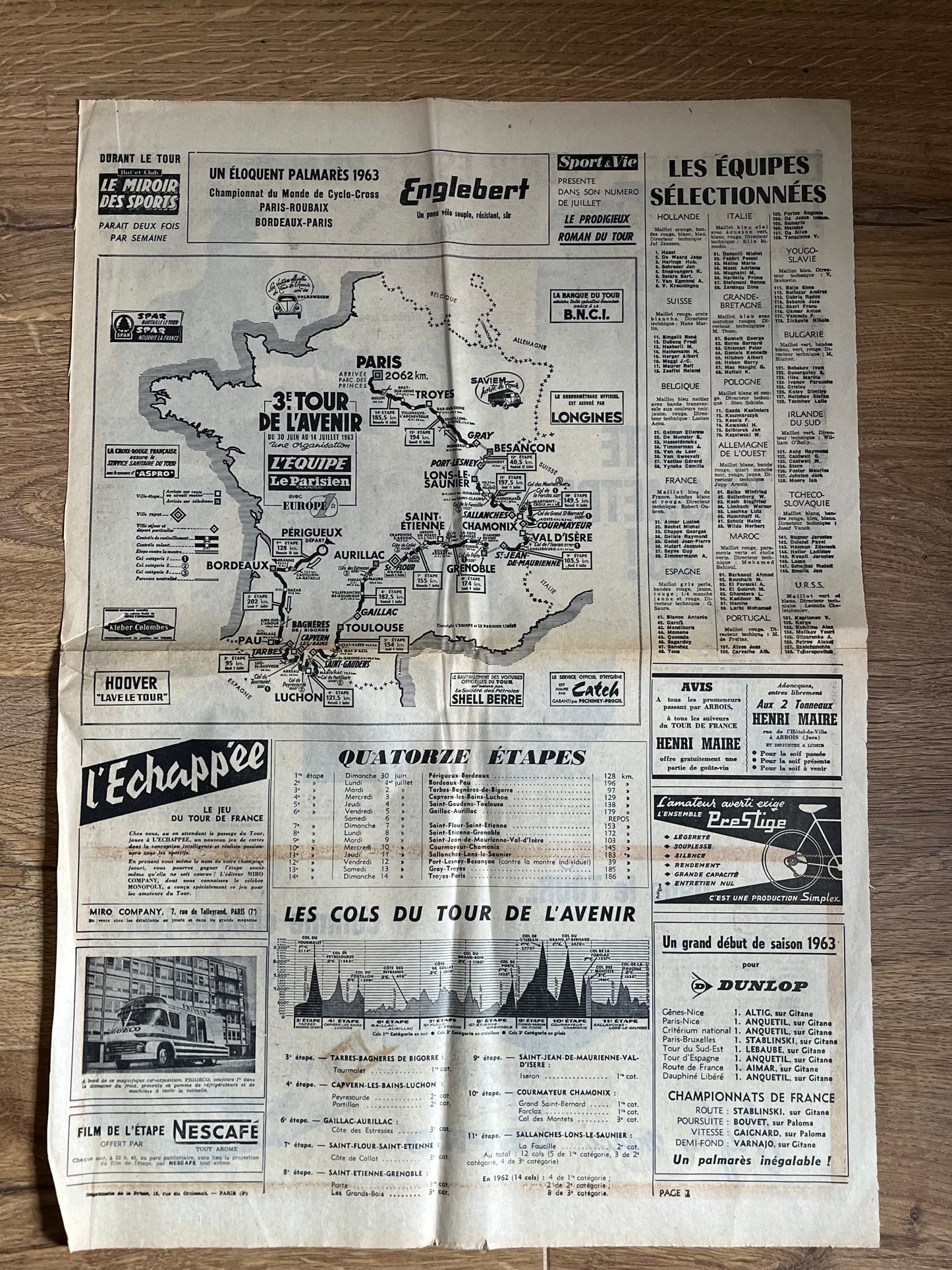 Tour de L’Avenir Perrier vintage route map 1963