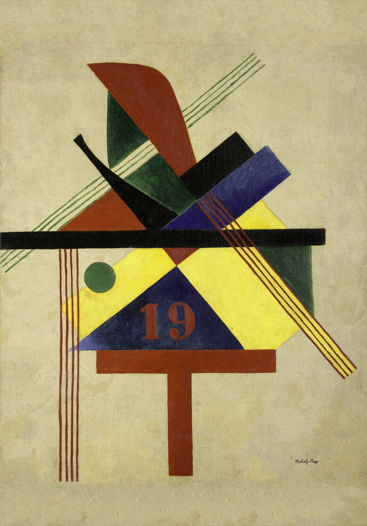 Colourful intersecting geometric shapes and lines surrounding the number 19.