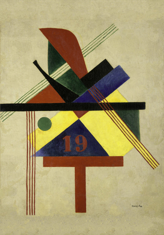 Colourful intersecting geometric shapes and lines surrounding the number 19.
