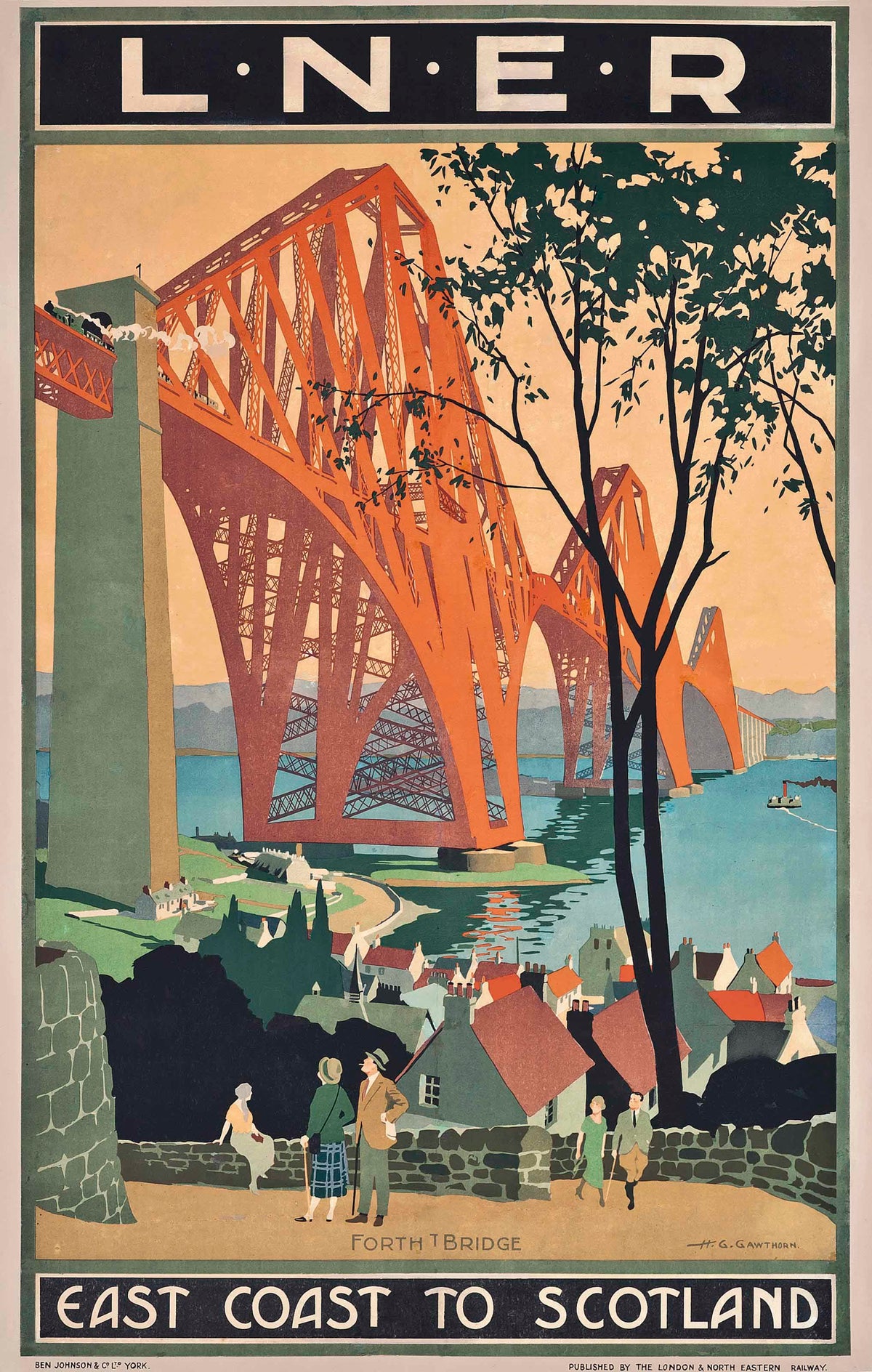 Red Forth Bridge above a coastal village in an LNER travel design.