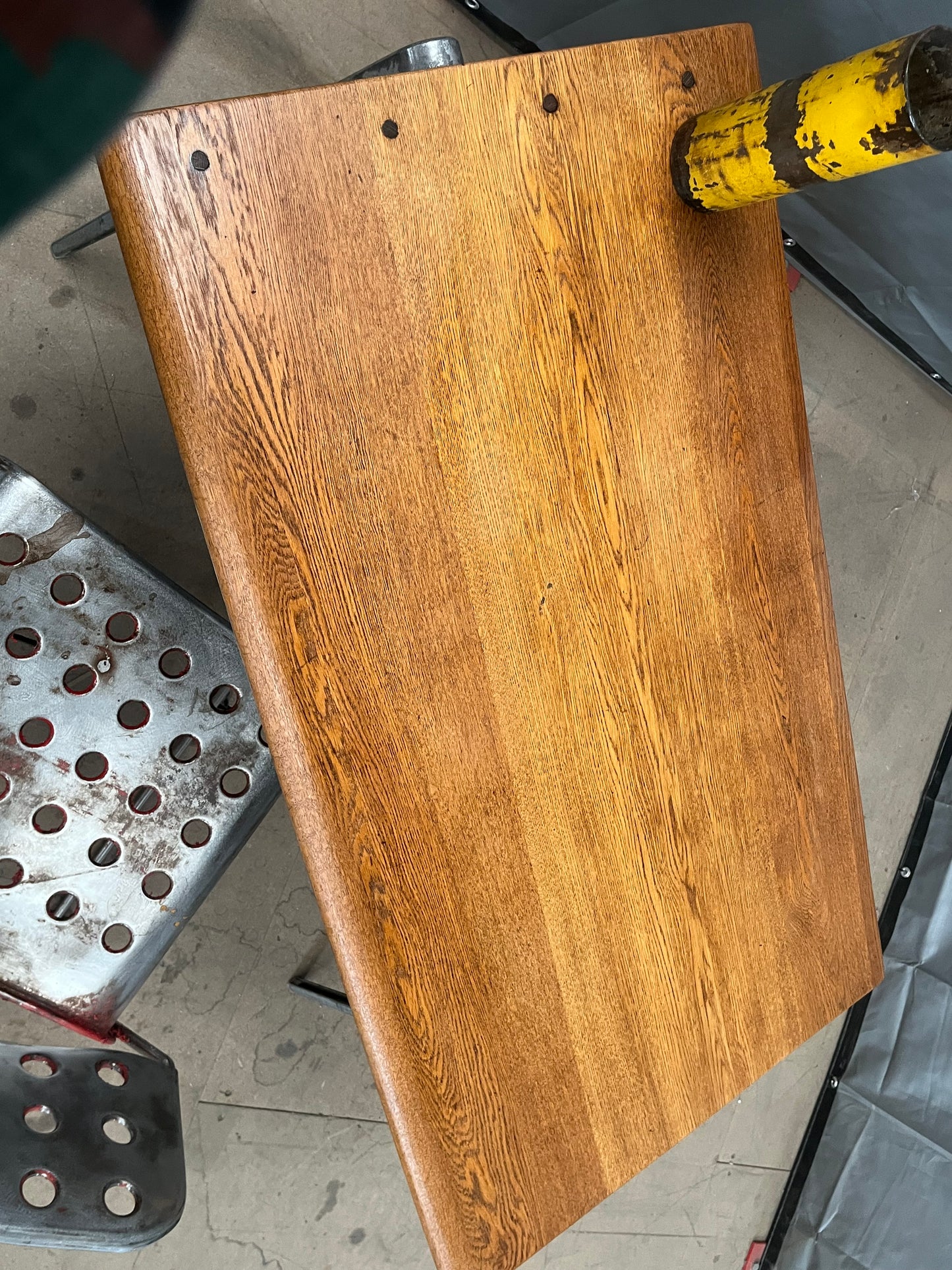 1950s James Leonard compass leg Desk with reclaimed elm top