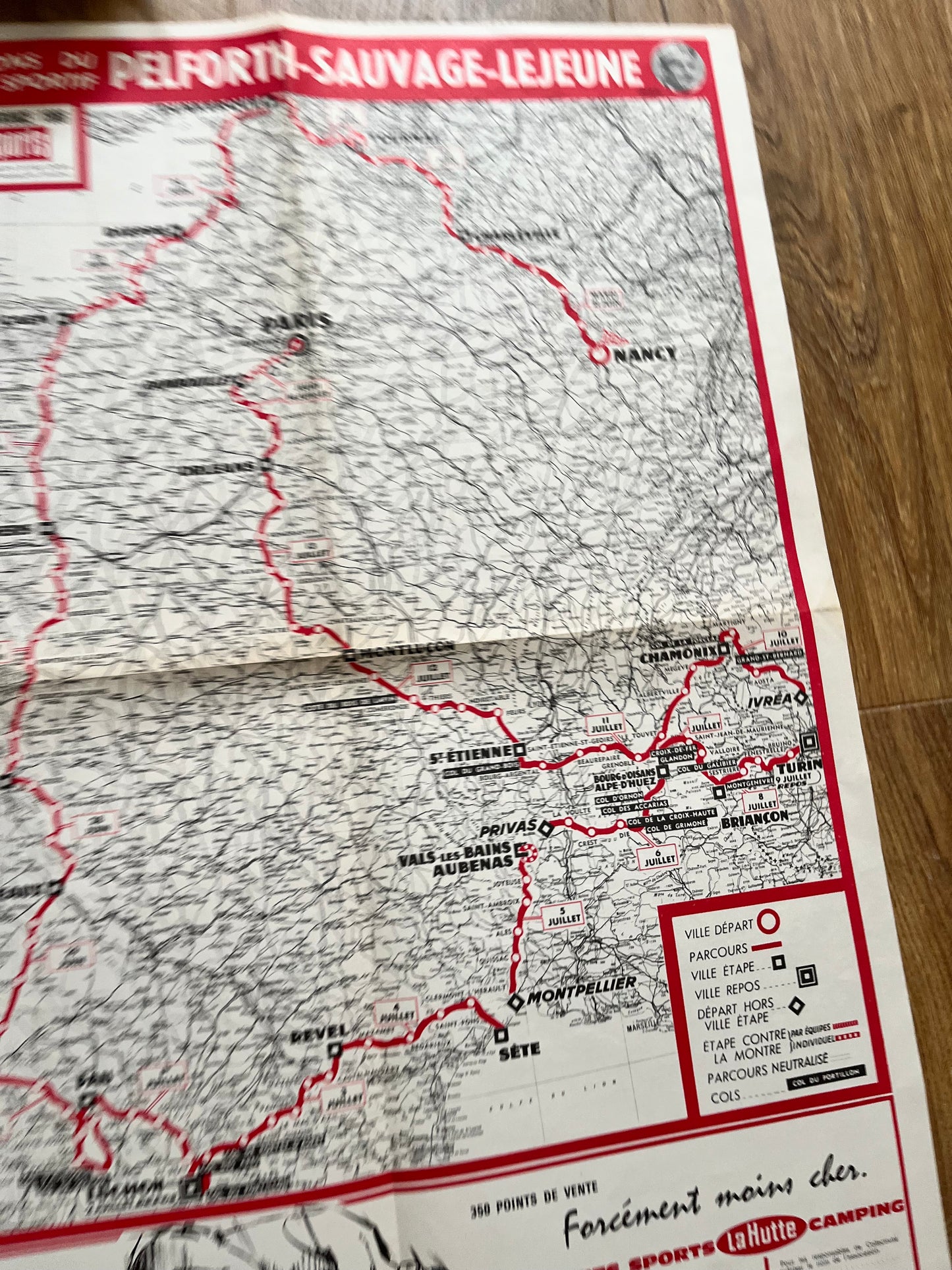 Vintage 1966 Cycling Print - Tour de France Route Map