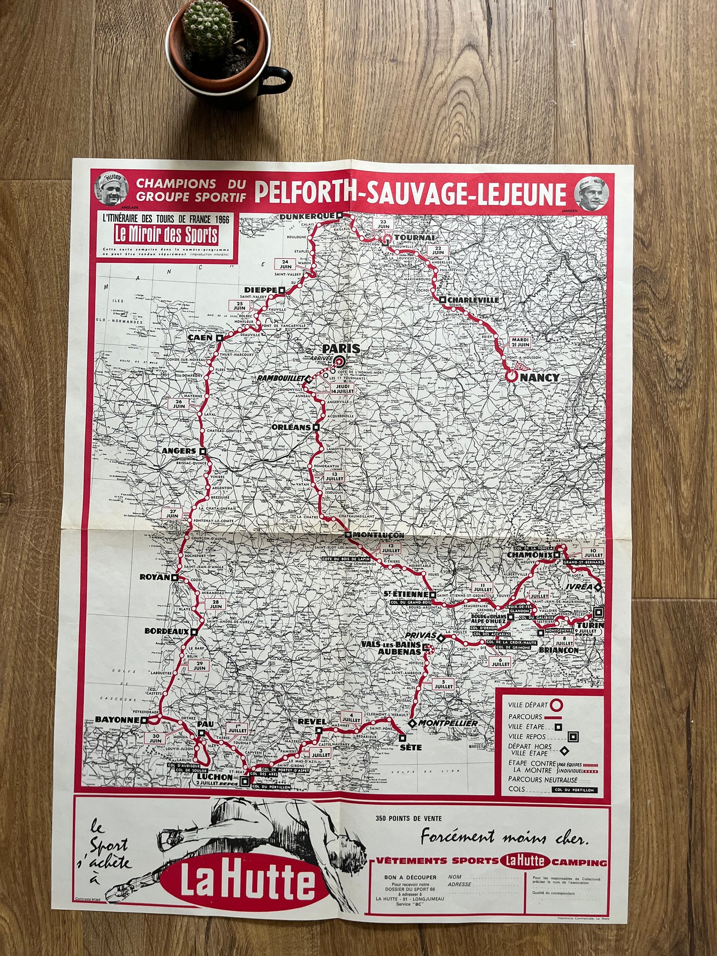 Vintage 1966 Cycling Print - Tour de France Route Map