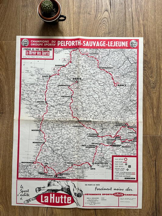 Vintage 1966 Cycling Print - Tour de France Route Map