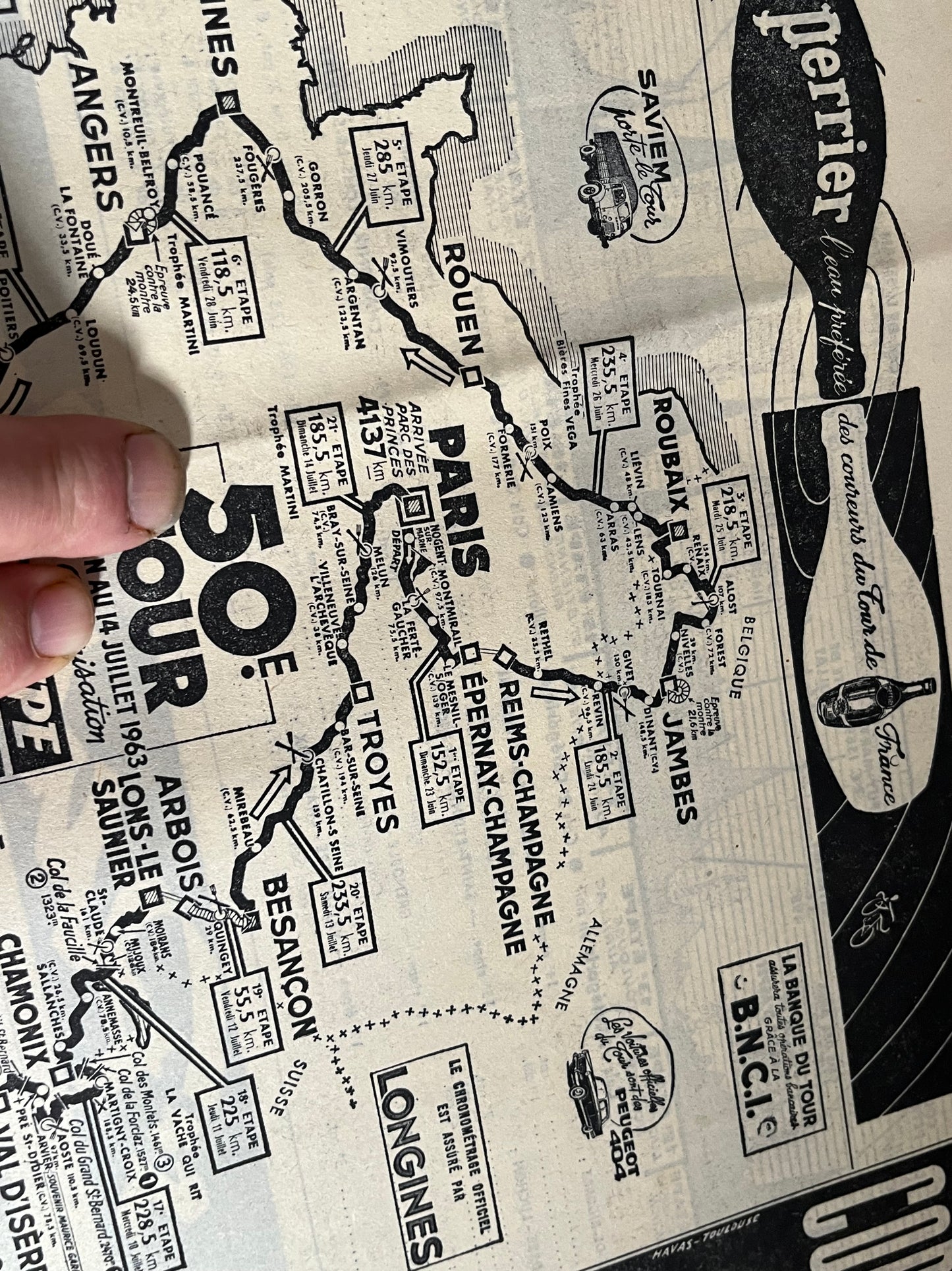 Tour de france / Perrier vintage route map 1963