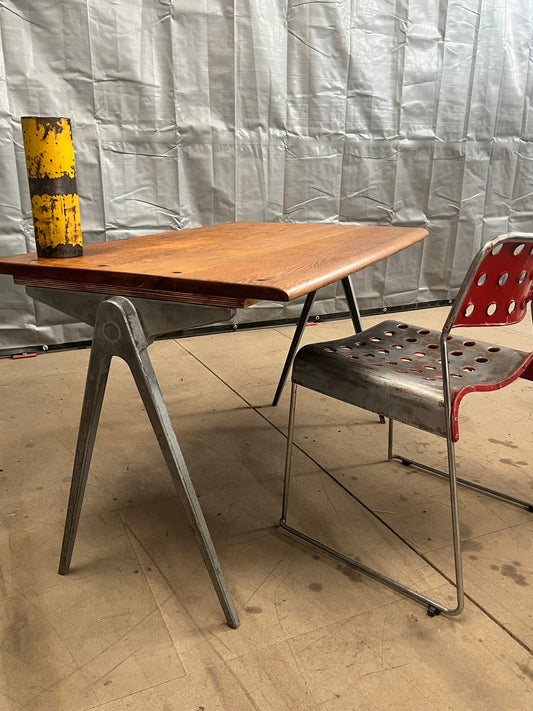 1950s James Leonard compass leg Desk with reclaimed elm top
