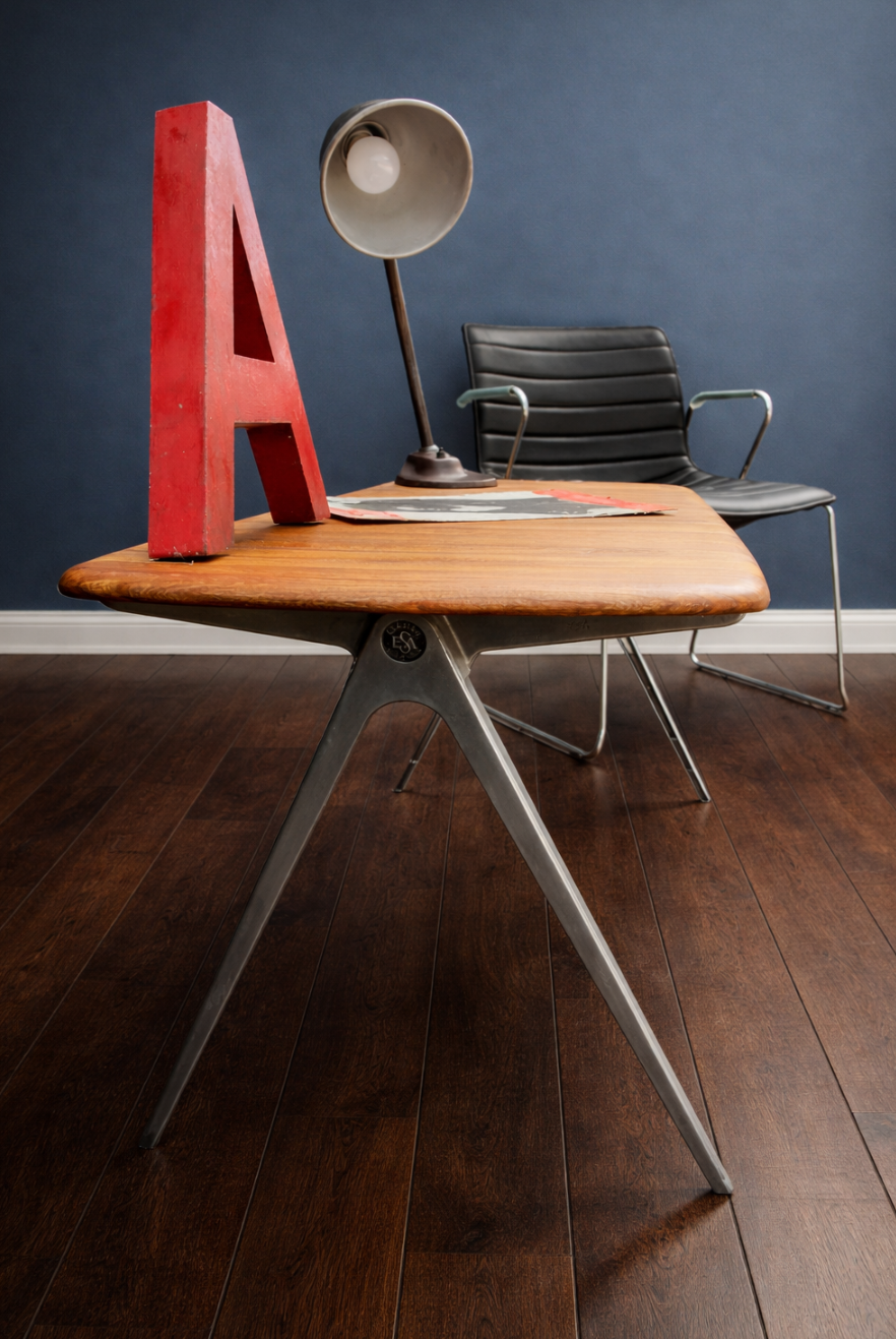 1950s James Leonard ESA side Table with reclaimed elm top