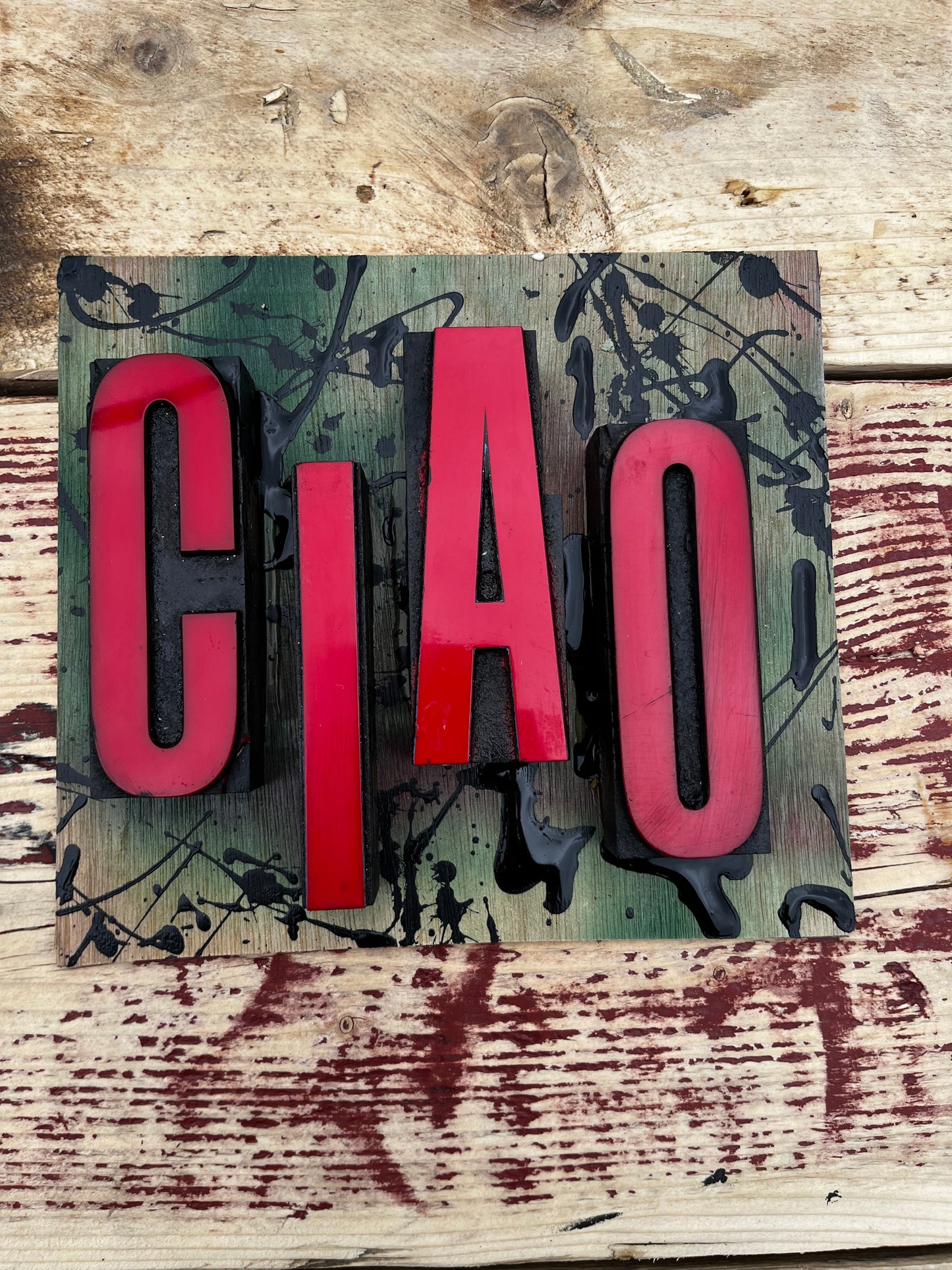 “Ciao” artwork from reclaimed Printing blocks