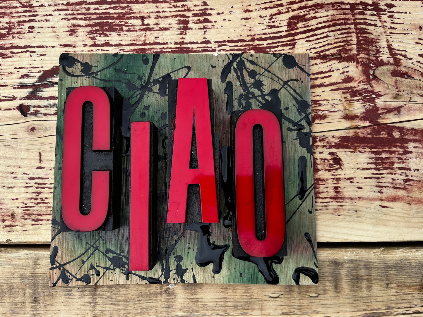 “Ciao” artwork from reclaimed Printing blocks