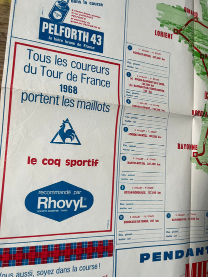 Vintage Cycling Print - Tour de France Route Map, 1968
