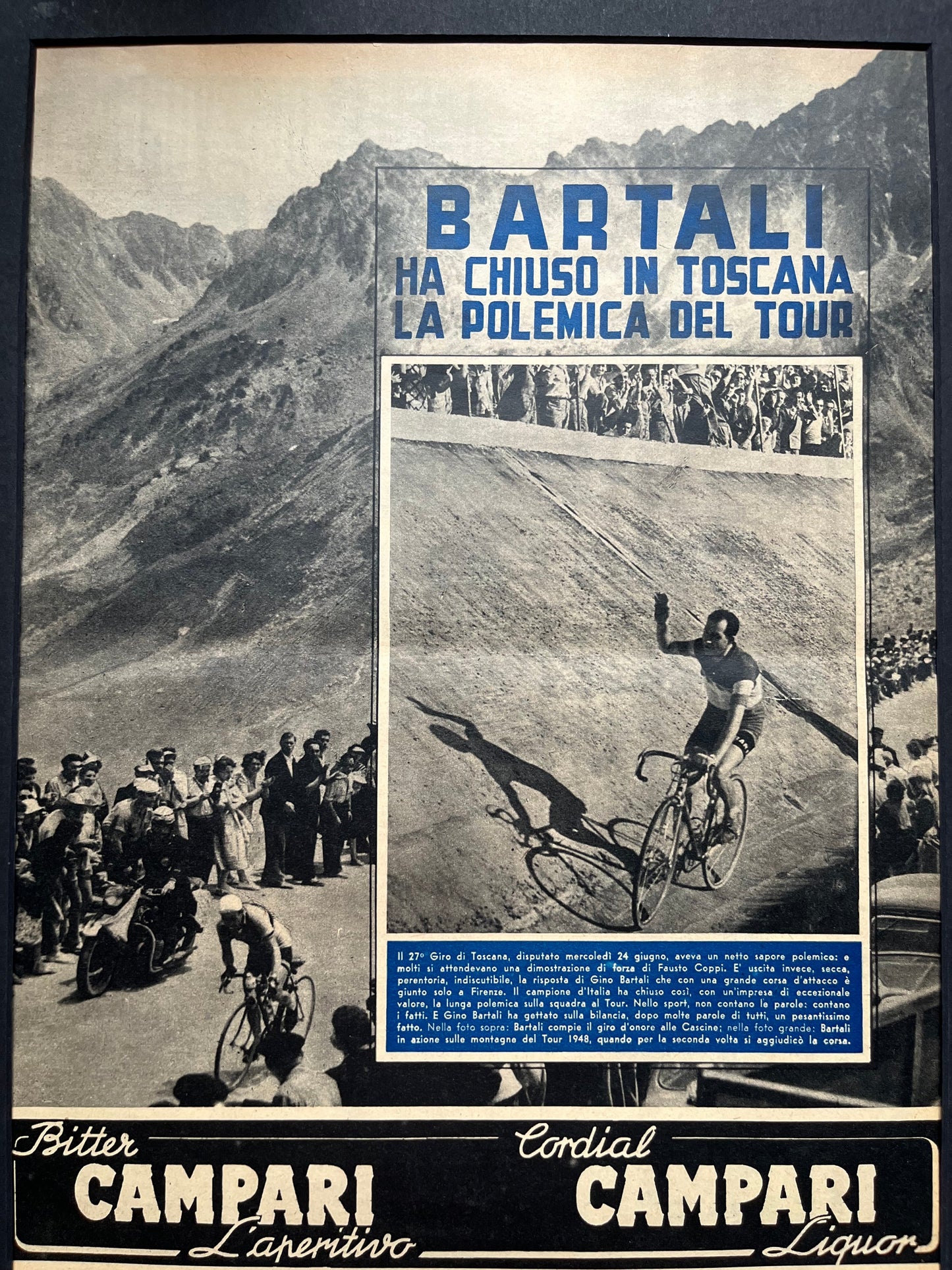 Gino Bartali 1952 Giro d'Italia / Campari vintage cycling print c1950