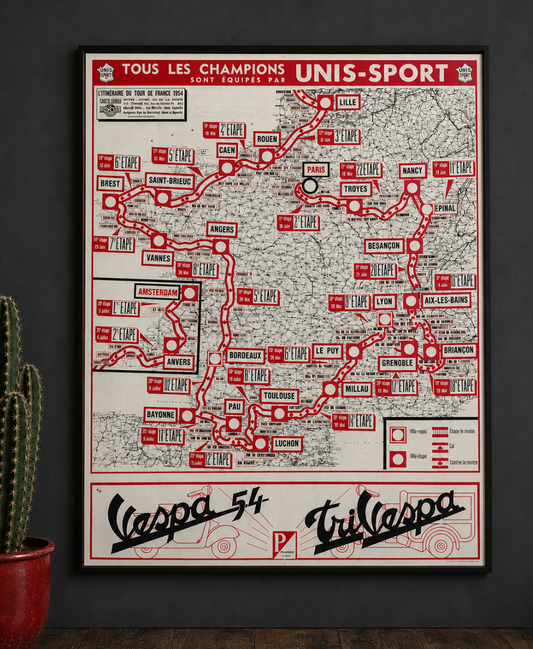 Vintage Vespa, Tour de France map 1954 - Reprint