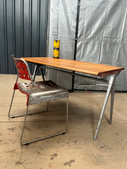 1950s James Leonard compass leg Desk with reclaimed elm top