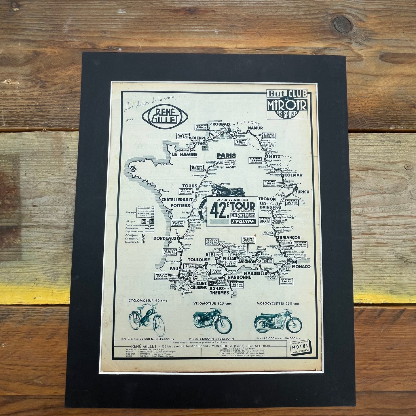 Vintage Tour de France Route Map, Original 1955 Rene Gillet motorcycles