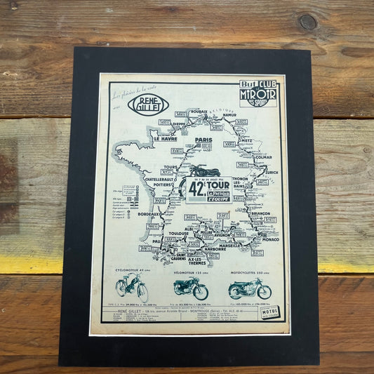 Vintage Tour de France Route Map, Original 1955 Rene Gillet motorcycles