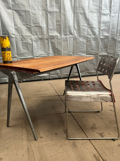 1950s James Leonard compass leg Desk with reclaimed elm top