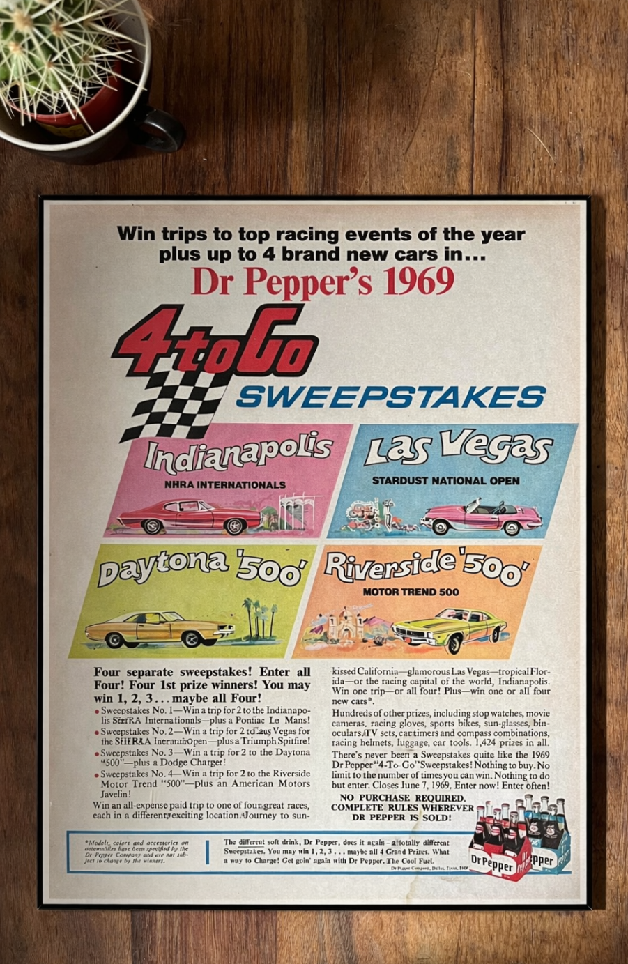 Vintage Dr Pepper 1969 car racing advertising print Indianapolis 500 / Riverside