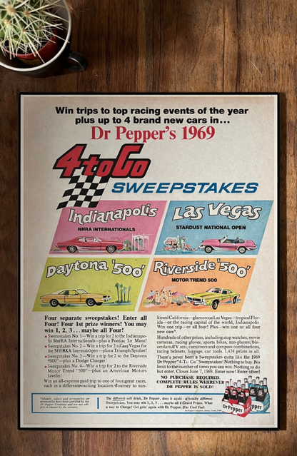 Vintage Dr Pepper 1969 car racing advertising print Indianapolis 500 / Riverside