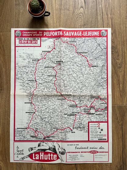 Vintage 1966 Cycling Print - Tour de France Route Map