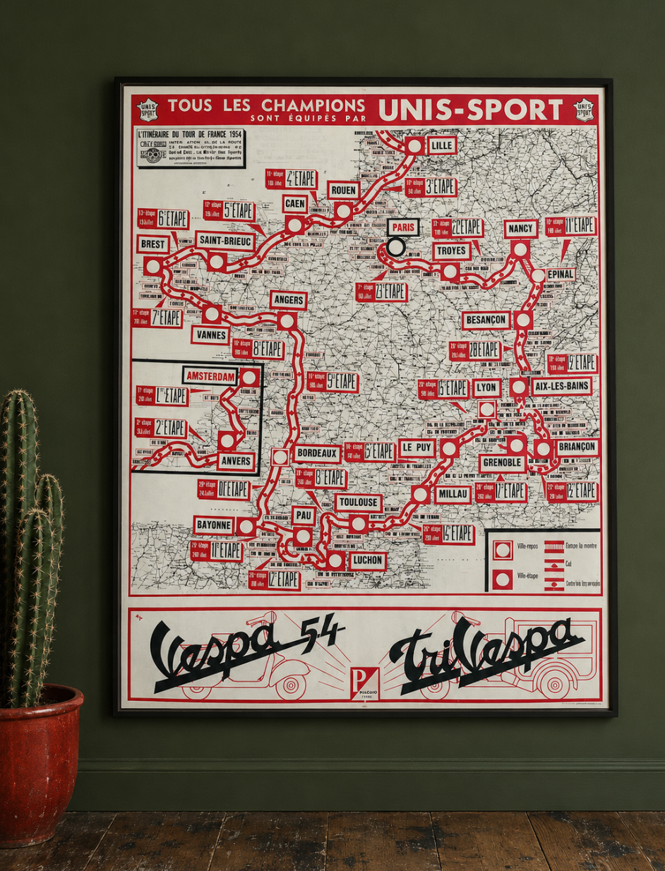 Vintage Vespa, Tour de France map 1954 - Reprint