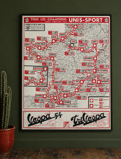 Vintage Vespa, Tour de France map 1954 - Reprint
