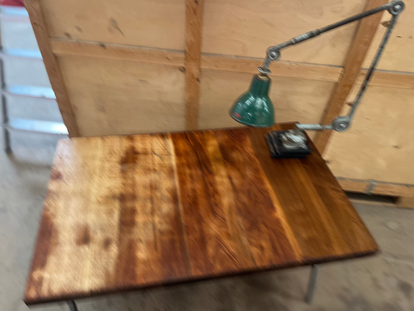 1950s James Leonard compass leg Desk with reclaimed oak top
