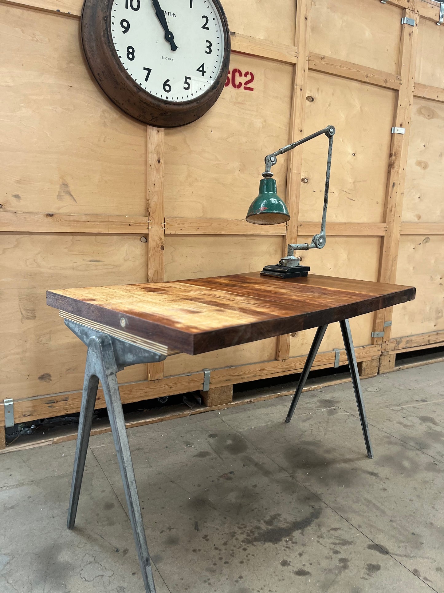 1950s James Leonard compass leg Desk with reclaimed oak top