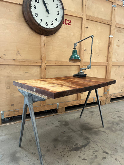 1950s James Leonard compass leg Desk with reclaimed oak top