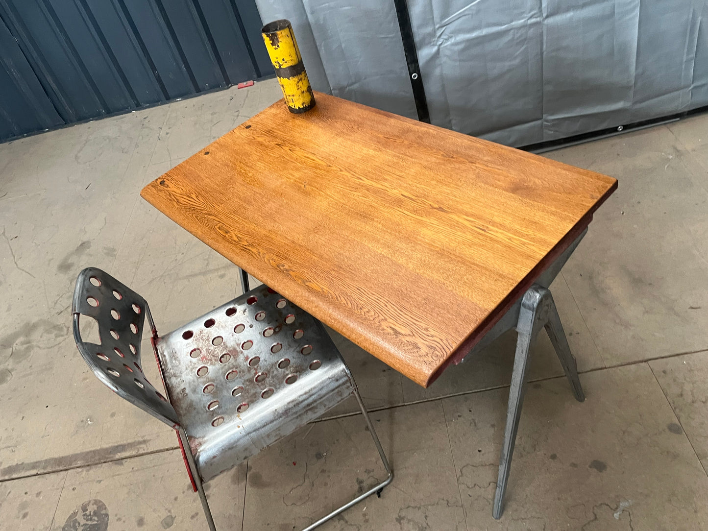 1950s James Leonard compass leg Desk with reclaimed elm top