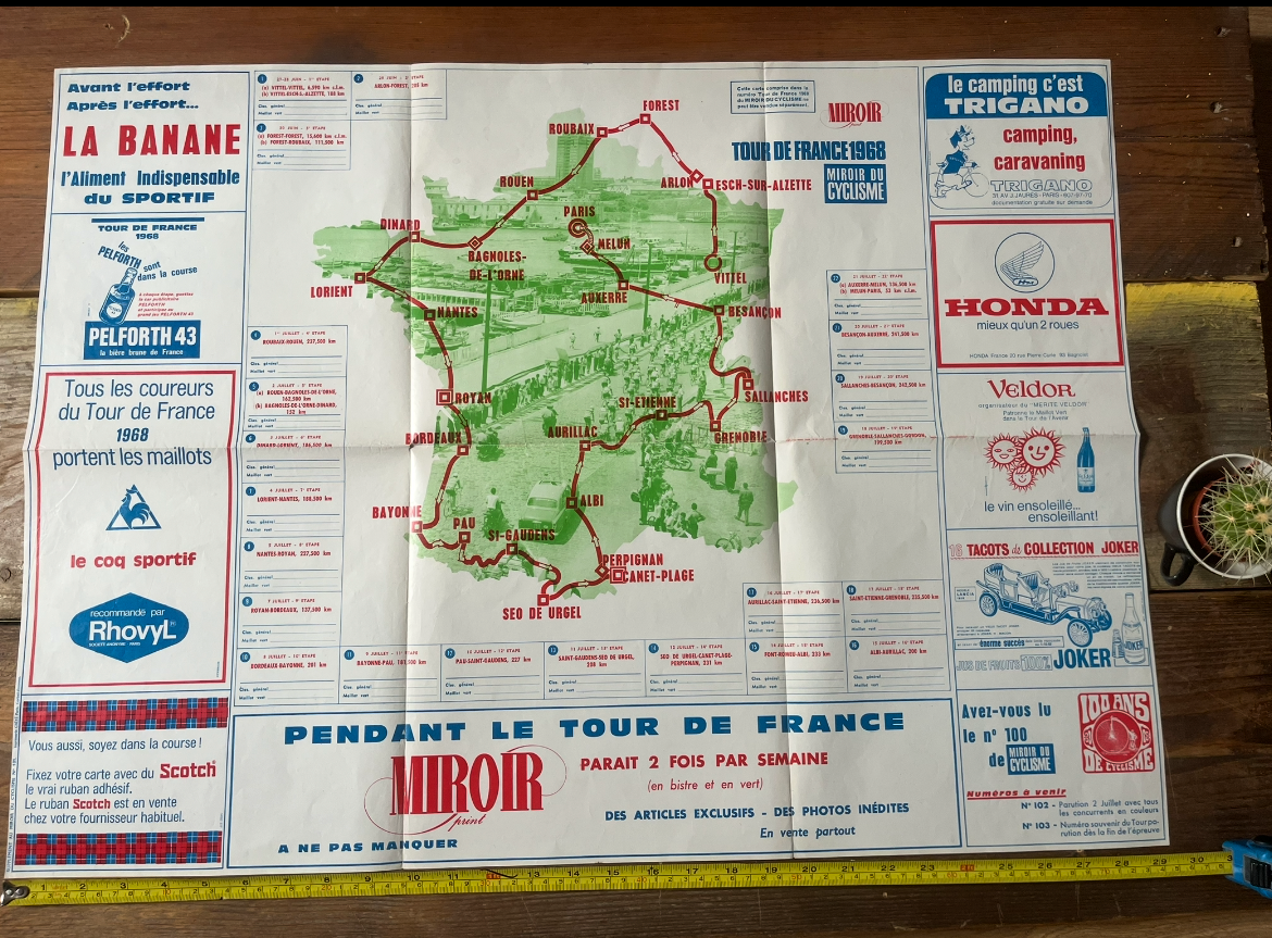 Vintage Cycling Print - Tour de France Route Map, 1968